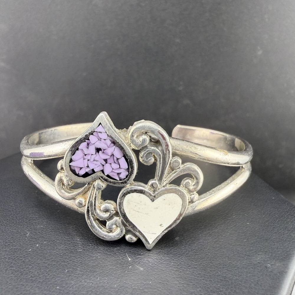 Vintage Cuff Bracelet Silver Tone Purple Crushed Stone Inlay Heart 6"